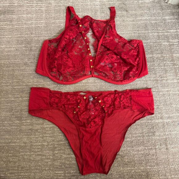Adore Me Emmaline Red Unlined Lace Halter Studded Bra Panty Set 42H 1X - Picture 1 of 9
